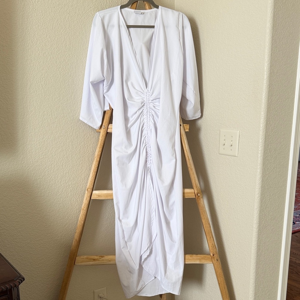 ANNA KAY White Ruched V-Neck Long Sleeve Dress Deep V - Picture 2 of 4
